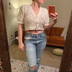 Zara NWT Pointelle Knit Jacket Ecru Crochet Open Knot Crop Sweater Top S